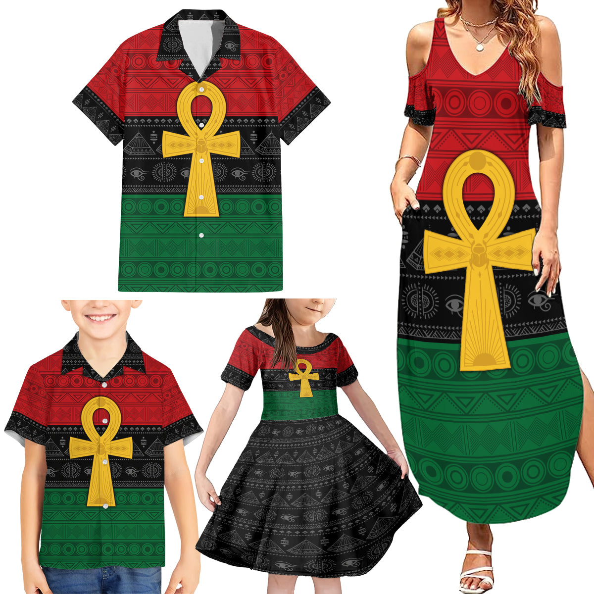 Pan African Ankh Family Matching Summer Maxi Dress and Hawaiian Shirt Egyptian Cross - Wonder Print Shop