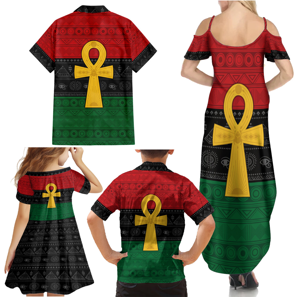 Pan African Ankh Family Matching Summer Maxi Dress and Hawaiian Shirt Egyptian Cross - Wonder Print Shop