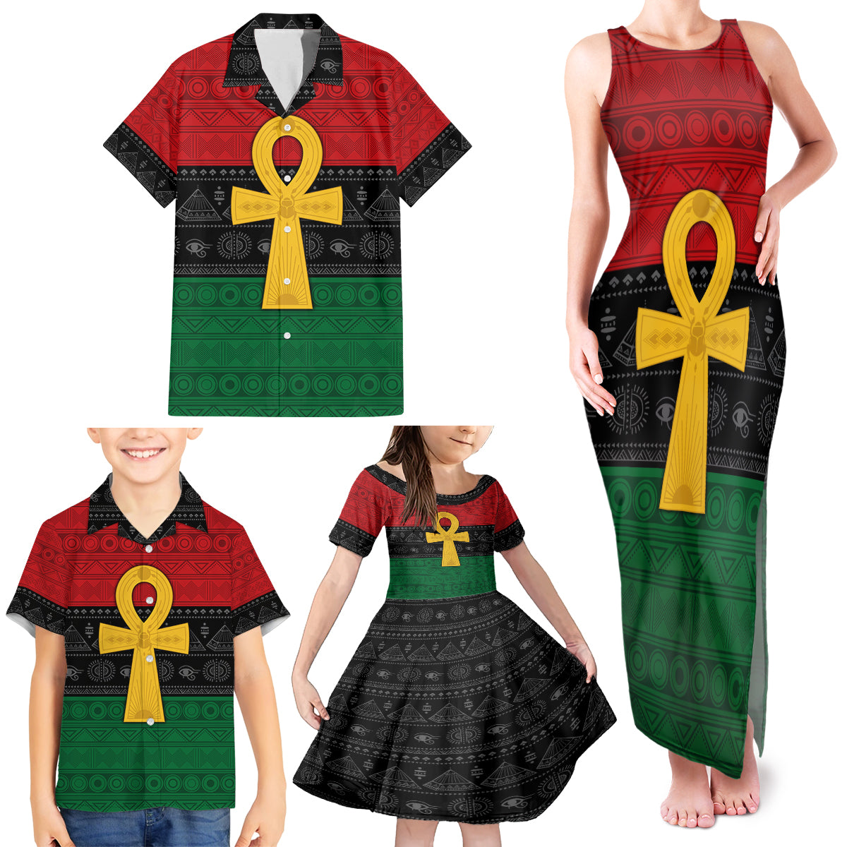 Pan African Ankh Family Matching Tank Maxi Dress and Hawaiian Shirt Egyptian Cross - Wonder Print Shop