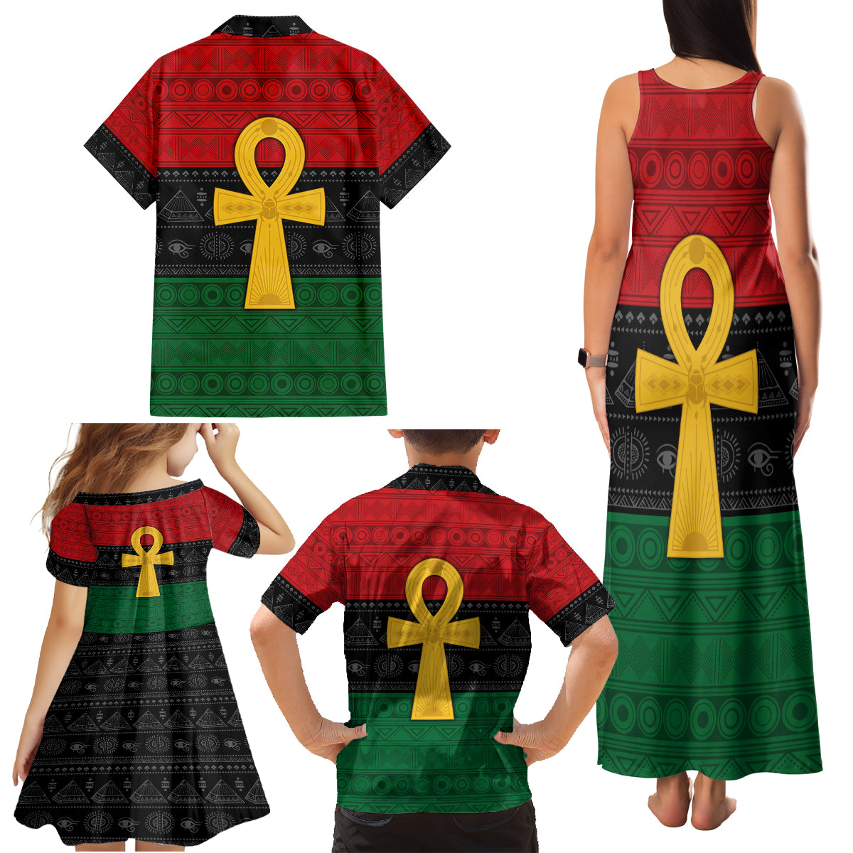 Pan African Ankh Family Matching Tank Maxi Dress and Hawaiian Shirt Egyptian Cross - Wonder Print Shop