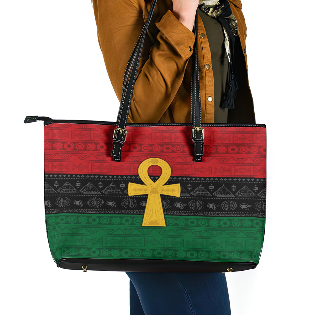 Pan African Ankh Leather Tote Bag Egyptian Cross - Wonder Print Shop