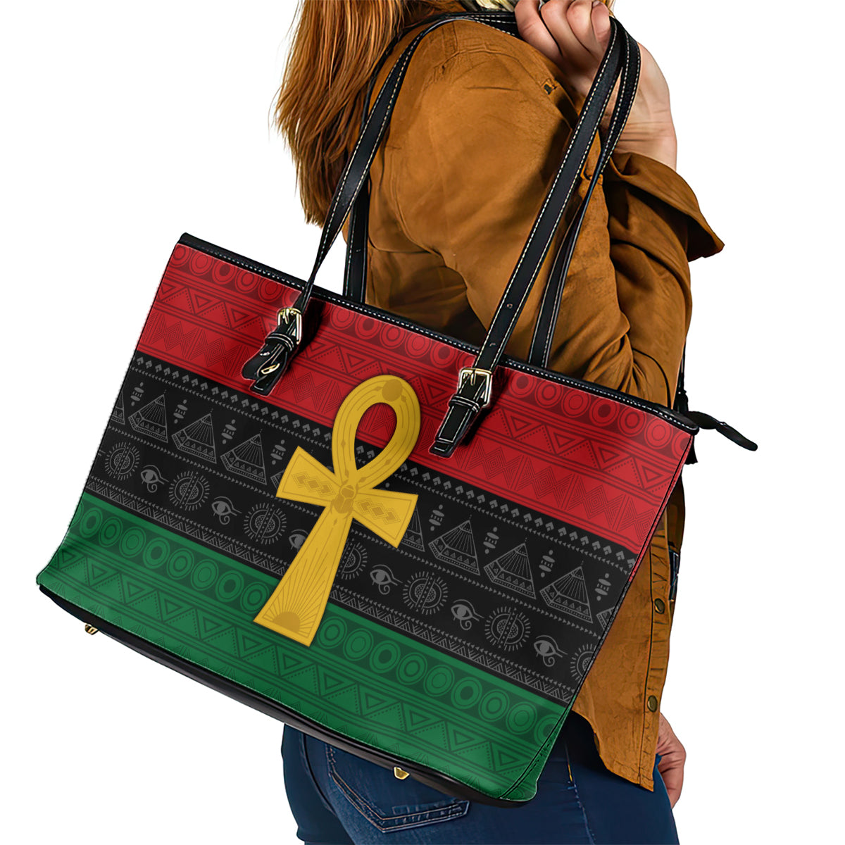 Pan African Ankh Leather Tote Bag Egyptian Cross - Wonder Print Shop