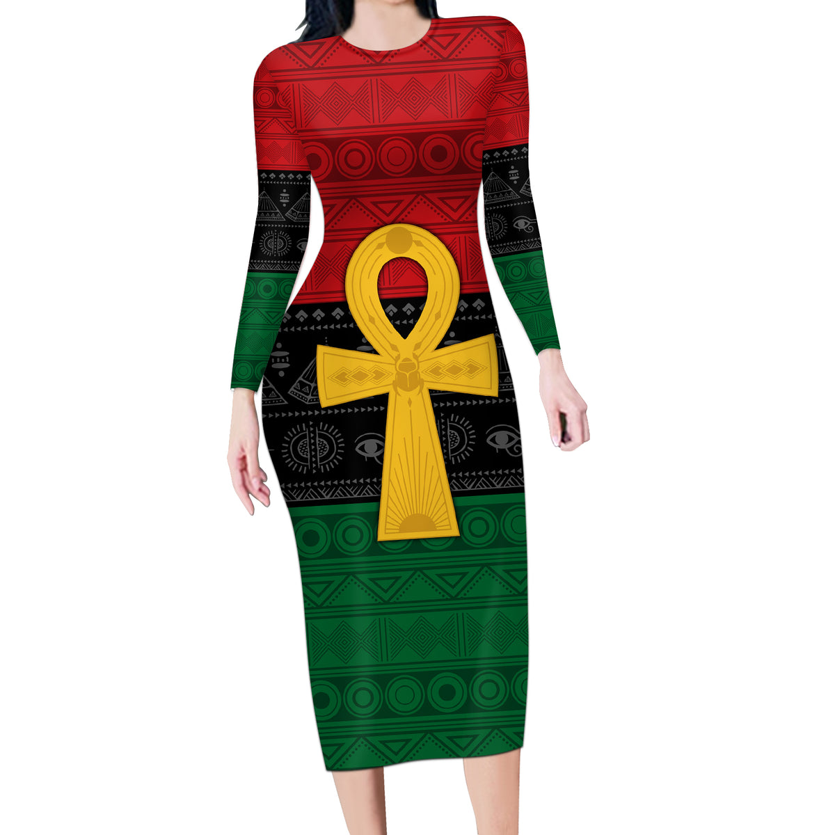 Pan African Ankh Long Sleeve Bodycon Dress Egyptian Cross - Wonder Print Shop