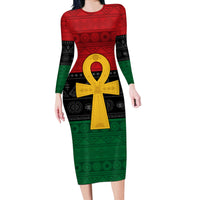 Pan African Ankh Long Sleeve Bodycon Dress Egyptian Cross - Wonder Print Shop