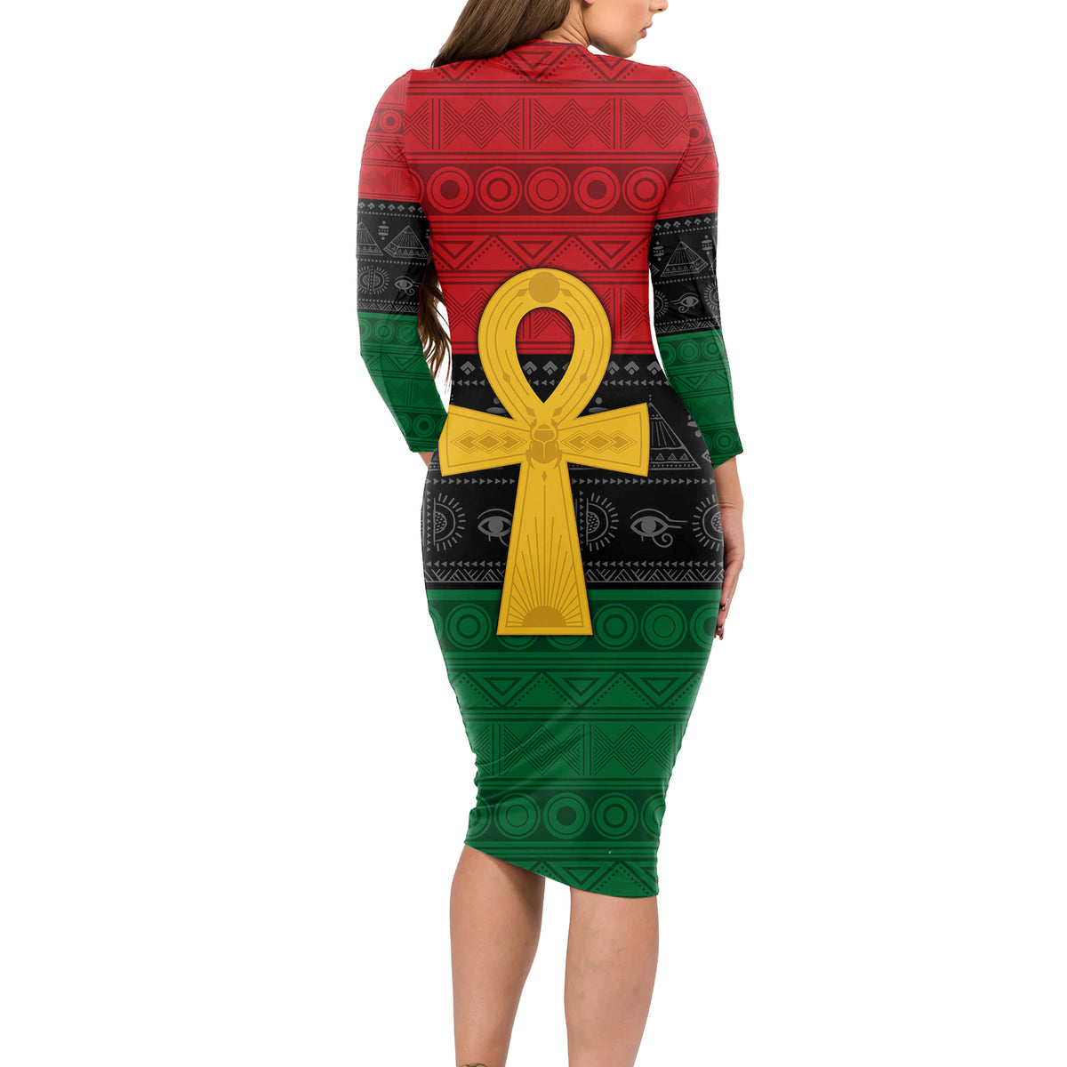 Pan African Ankh Long Sleeve Bodycon Dress Egyptian Cross - Wonder Print Shop