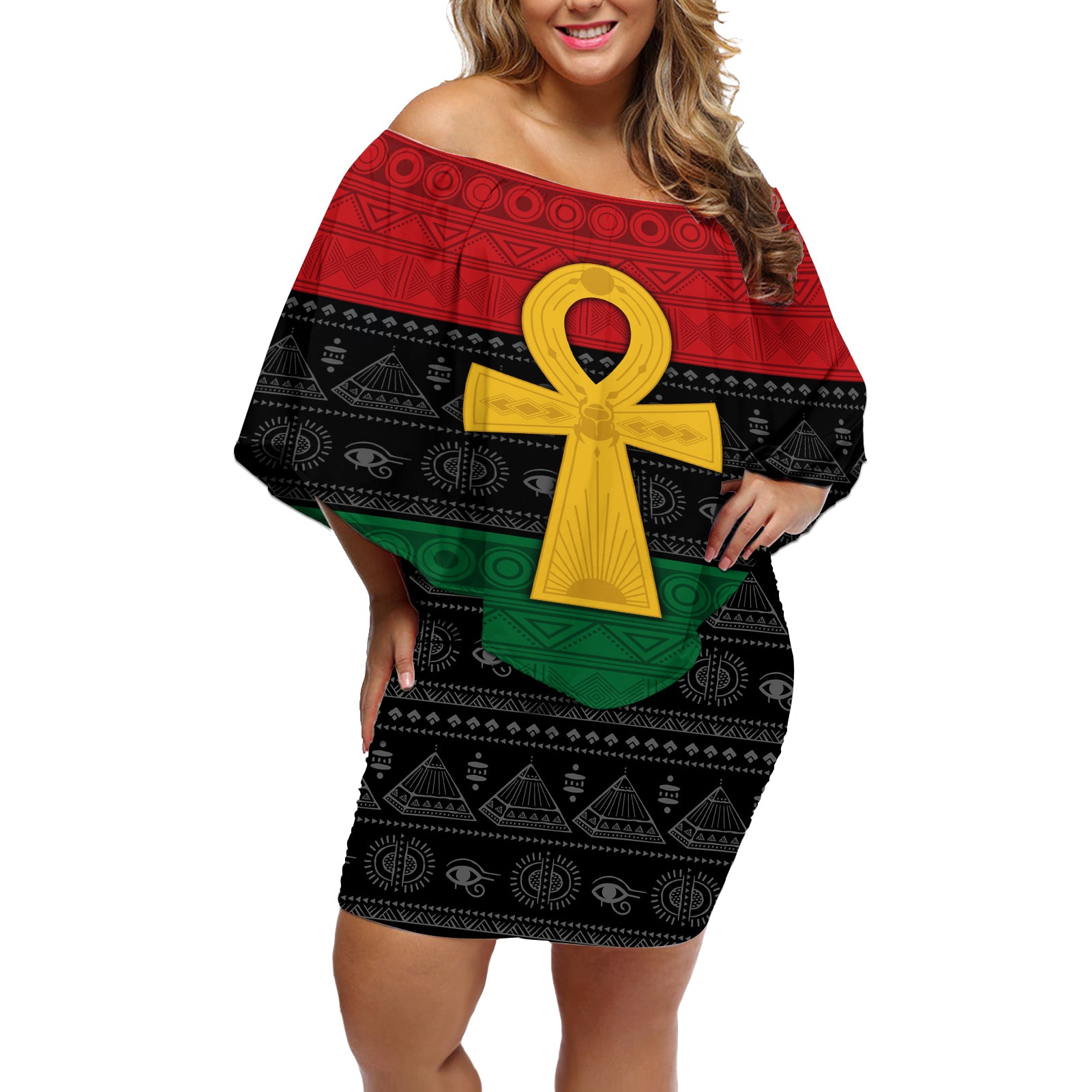 Pan African Ankh Off Shoulder Short Dress Egyptian Cross - Wonder Print Shop