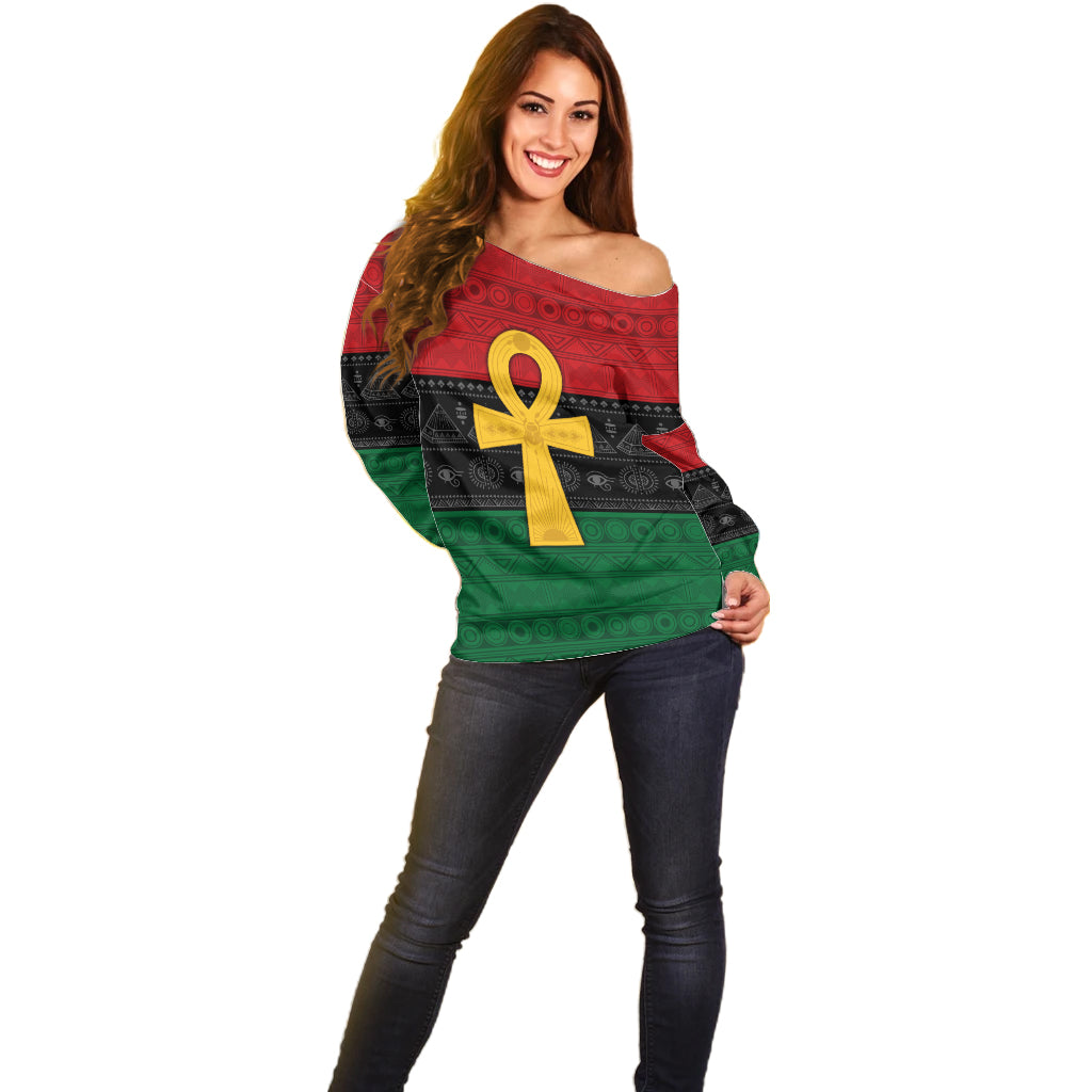 Pan African Ankh Off Shoulder Sweater Egyptian Cross - Wonder Print Shop