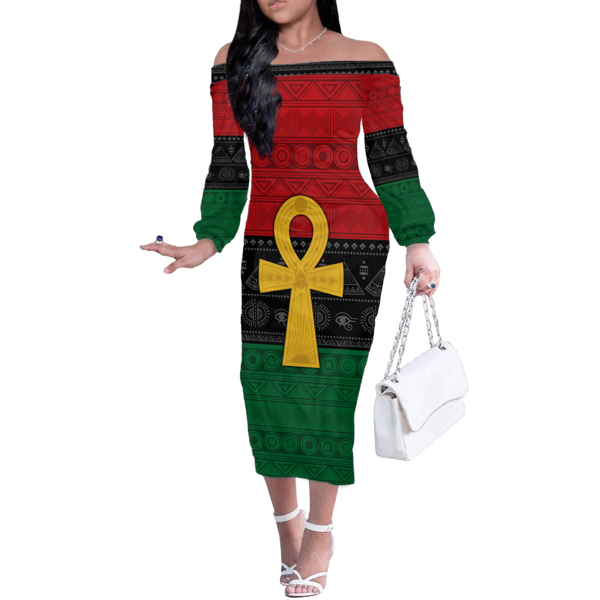Pan African Ankh Off The Shoulder Long Sleeve Dress Egyptian Cross - Wonder Print Shop