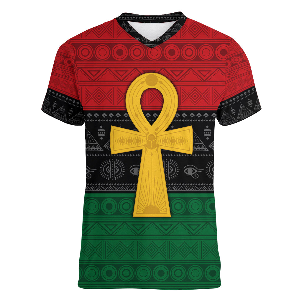 Pan African Ankh Women V Neck T Shirt Egyptian Cross - Wonder Print Shop