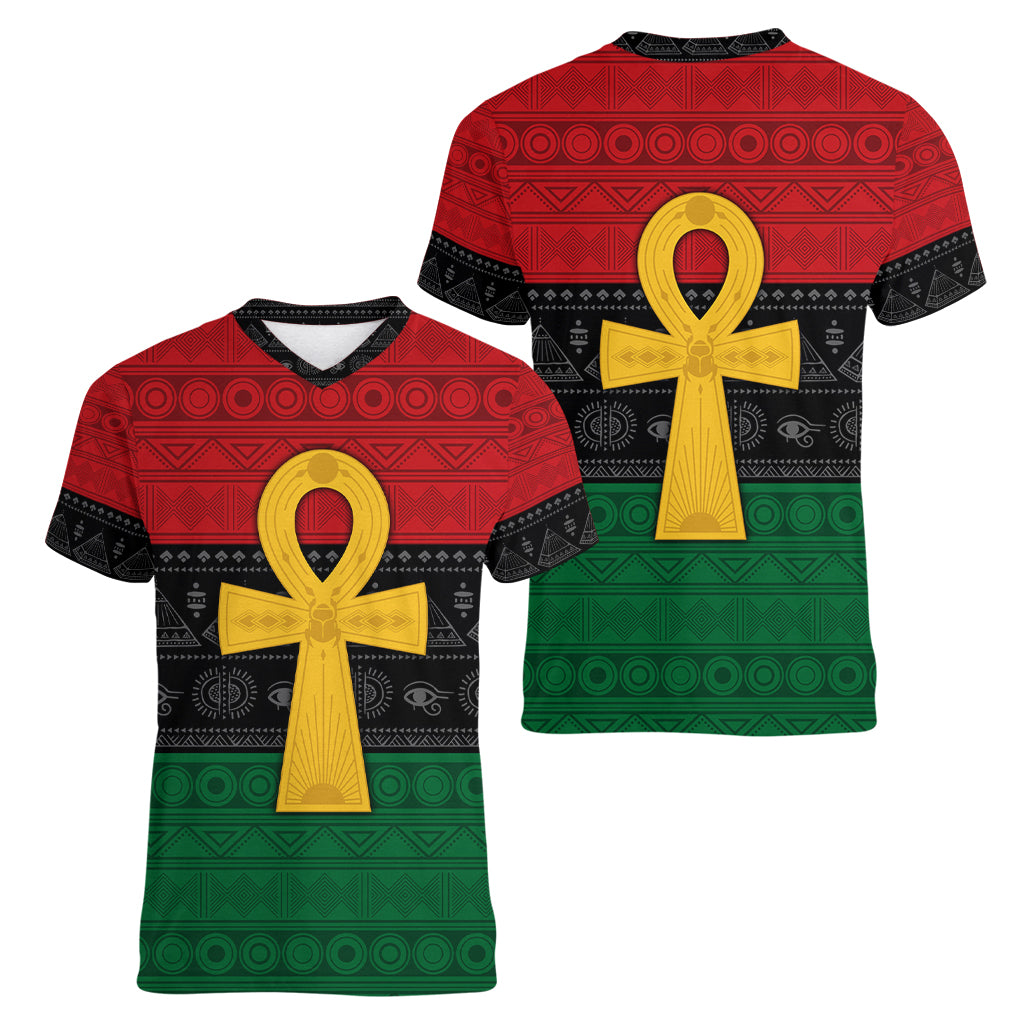 Pan African Ankh Women V Neck T Shirt Egyptian Cross - Wonder Print Shop
