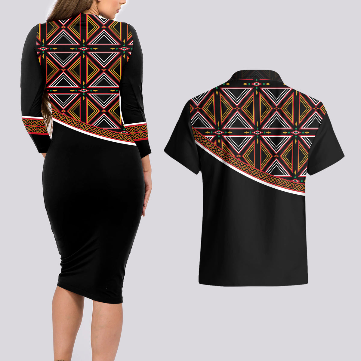 Personalized Bamenda African Couples Matching Long Sleeve Bodycon Dress and Hawaiian Shirt Atoghu Cameroon Print - Wonder Print Shop