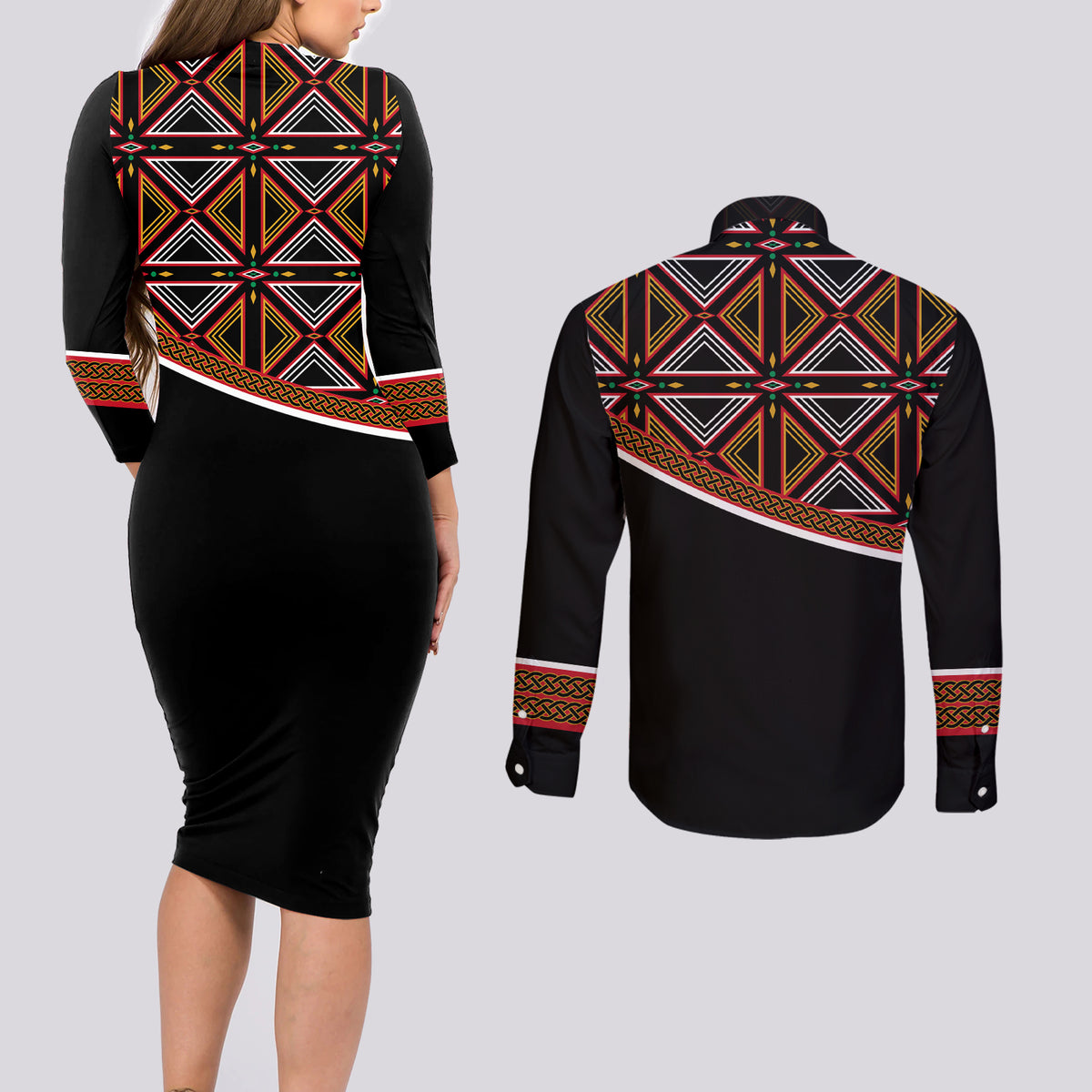 Personalized Bamenda African Couples Matching Long Sleeve Bodycon Dress and Long Sleeve Button Shirt Atoghu Cameroon Print - Wonder Print Shop