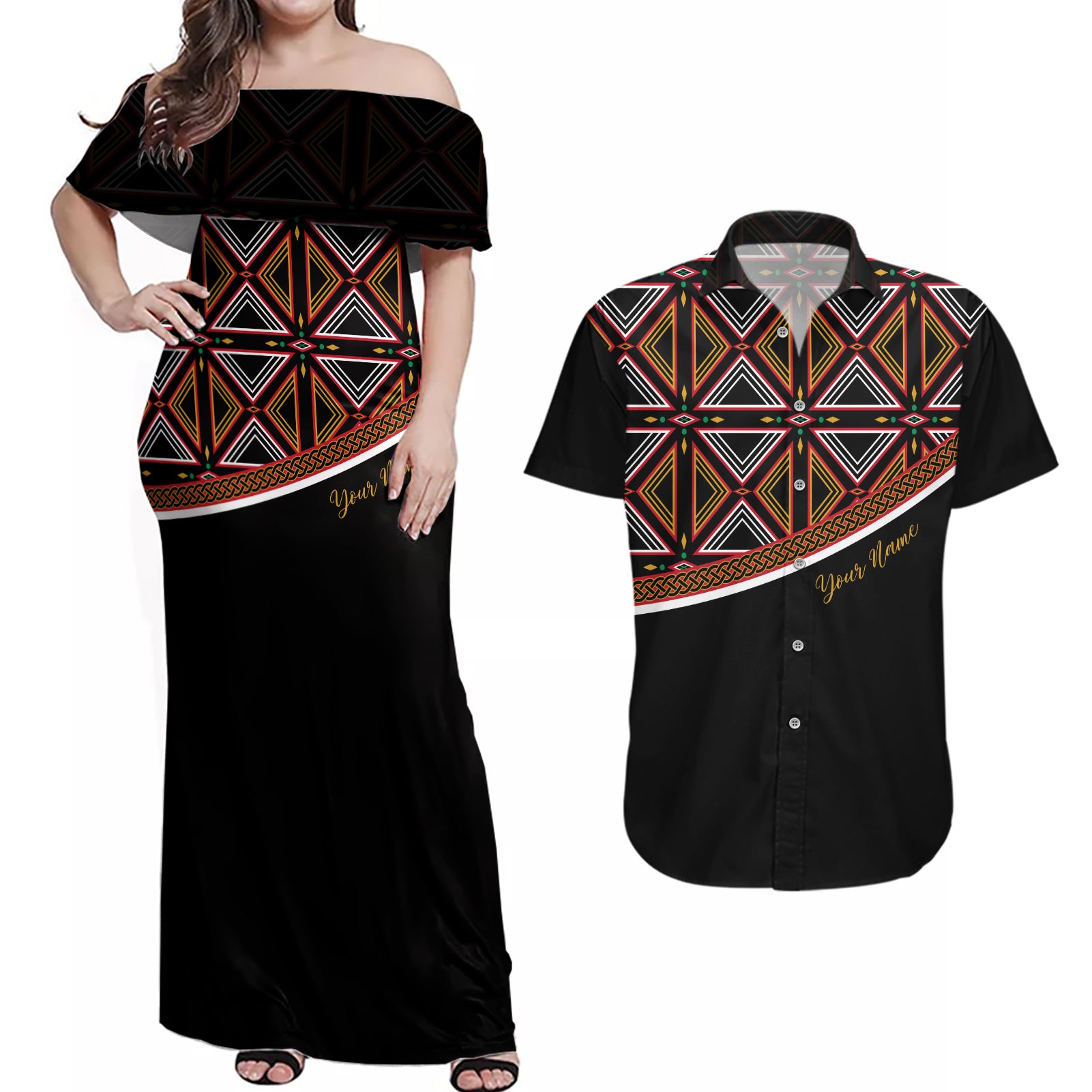 Personalized Bamenda African Couples Matching Off Shoulder Maxi Dress and Hawaiian Shirt Atoghu Cameroon Print