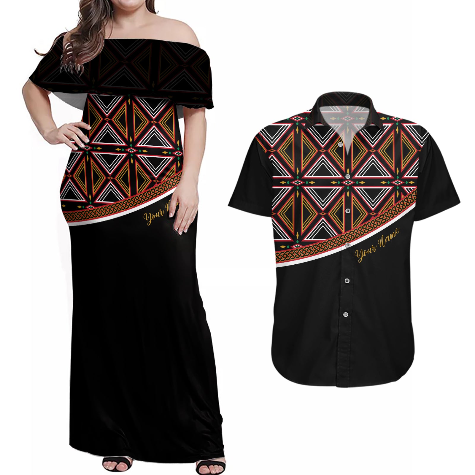 Personalized Bamenda African Couples Matching Off Shoulder Maxi Dress and Hawaiian Shirt Atoghu Cameroon Print - Wonder Print Shop