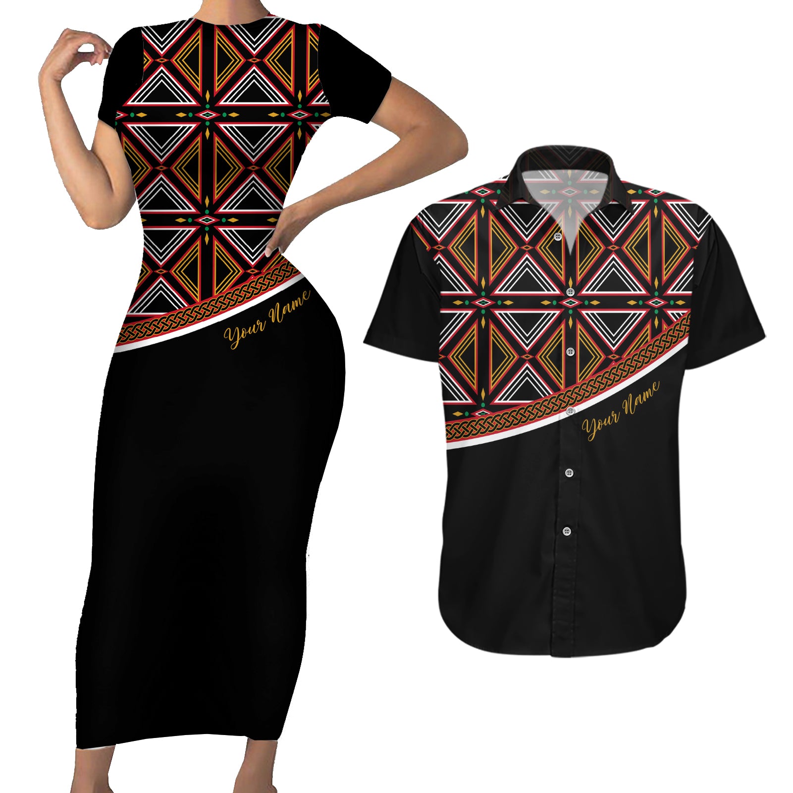 Personalized Bamenda African Couples Matching Short Sleeve Bodycon Dress and Hawaiian Shirt Atoghu Cameroon Print