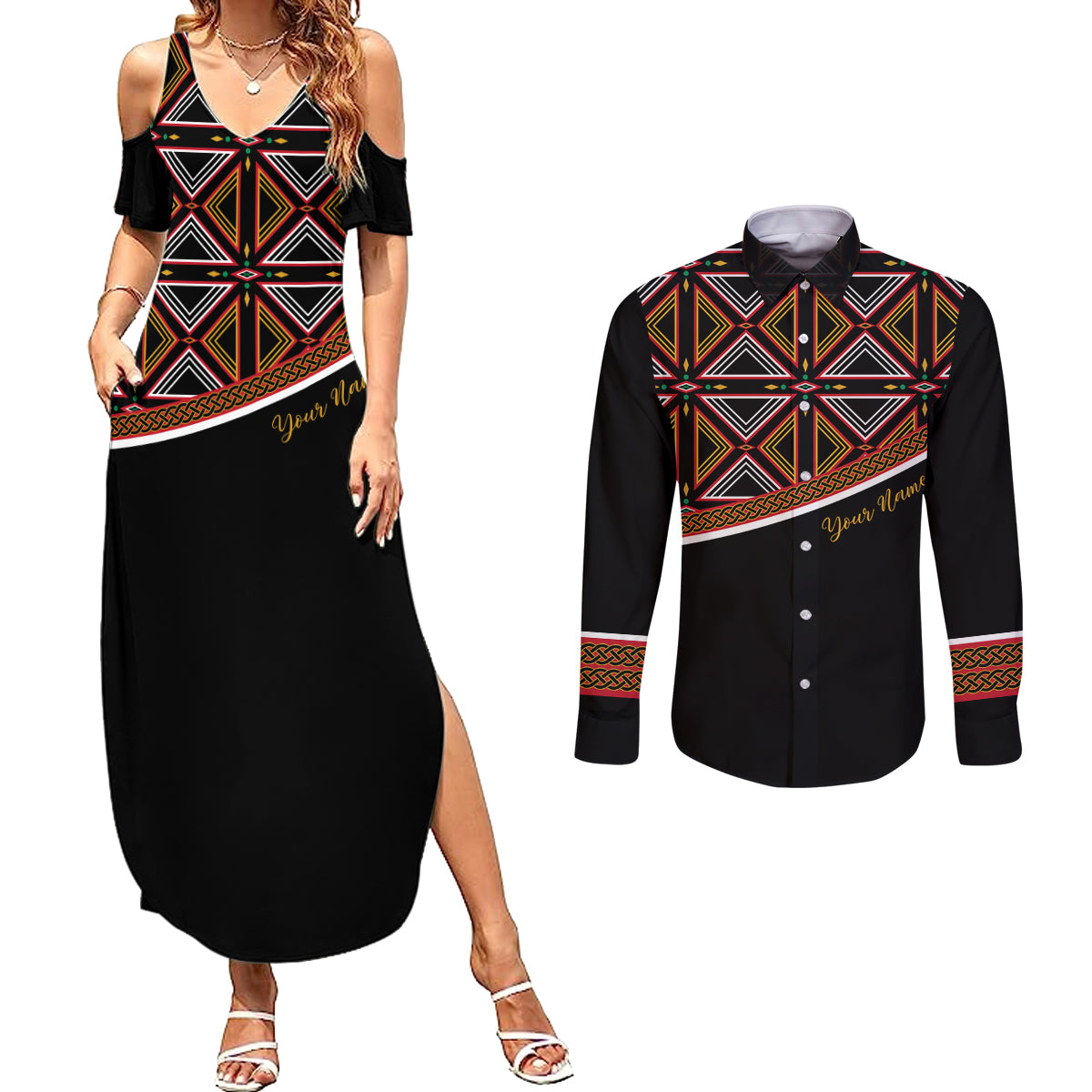 Personalized Bamenda African Couples Matching Summer Maxi Dress and Long Sleeve Button Shirt Atoghu Cameroon Print