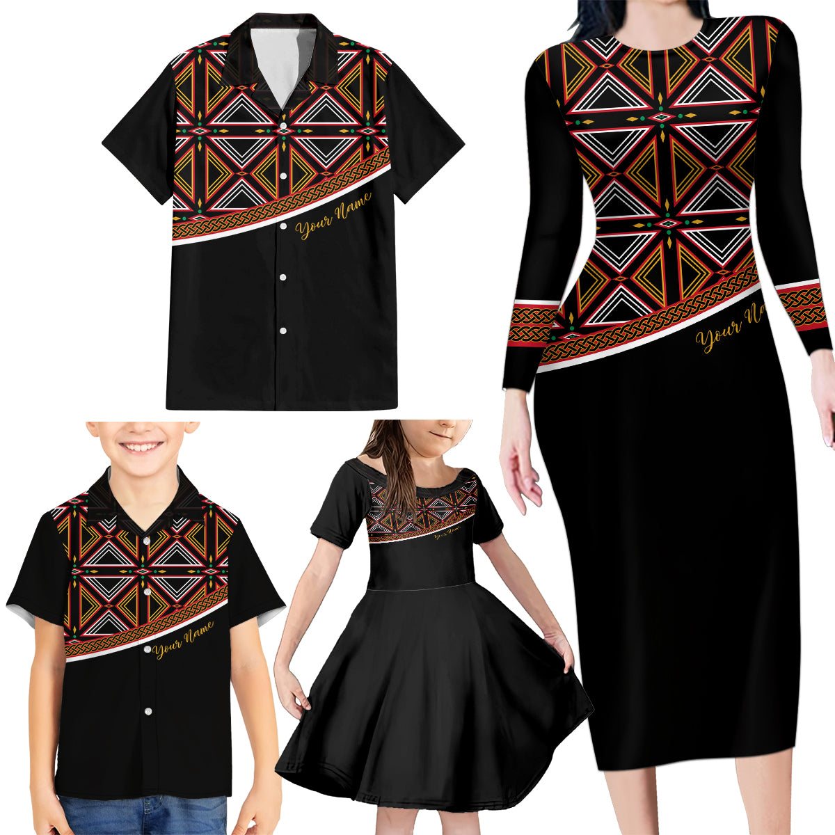 Personalized Bamenda African Family Matching Long Sleeve Bodycon Dress and Hawaiian Shirt Atoghu Cameroon Print