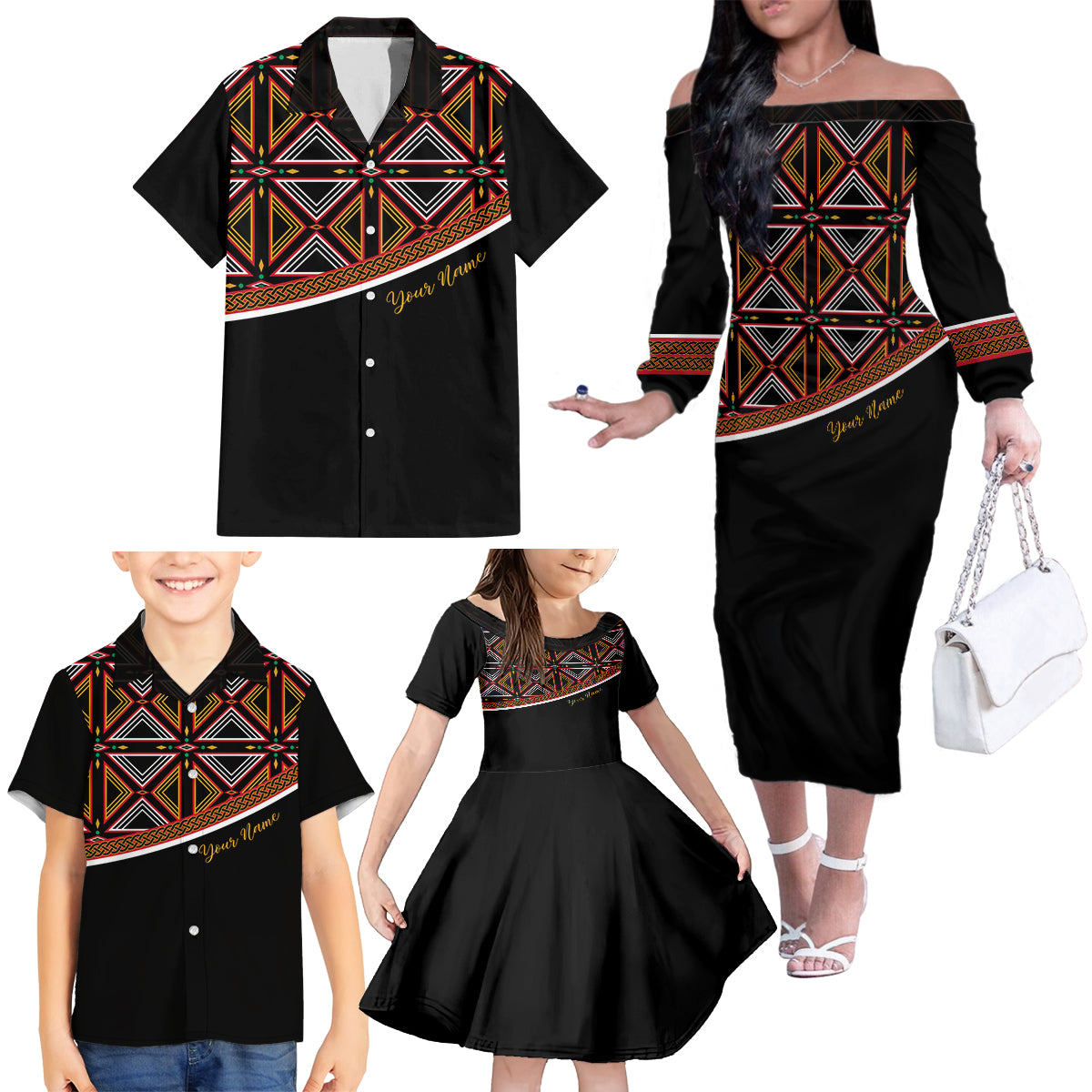 Personalized Bamenda African Family Matching Off Shoulder Long Sleeve Dress and Hawaiian Shirt Atoghu Cameroon Print