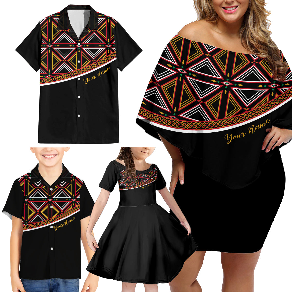 Personalized Bamenda African Family Matching Off Shoulder Short Dress and Hawaiian Shirt Atoghu Cameroon Print