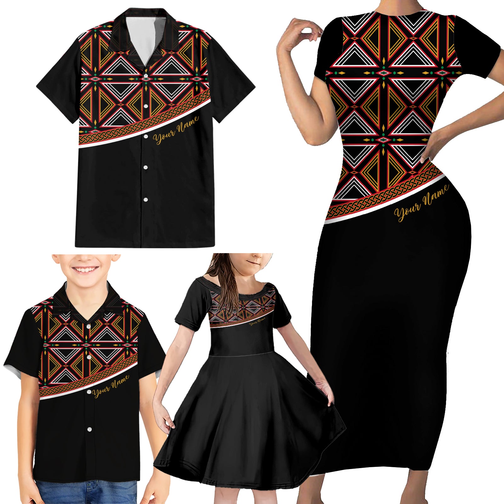 Personalized Bamenda African Family Matching Short Sleeve Bodycon Dress and Hawaiian Shirt Atoghu Cameroon Print