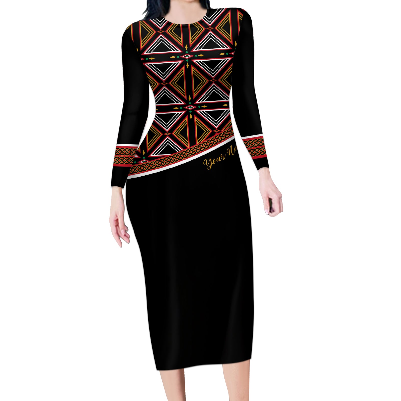 Personalized Bamenda African Long Sleeve Bodycon Dress Atoghu Cameroon Print