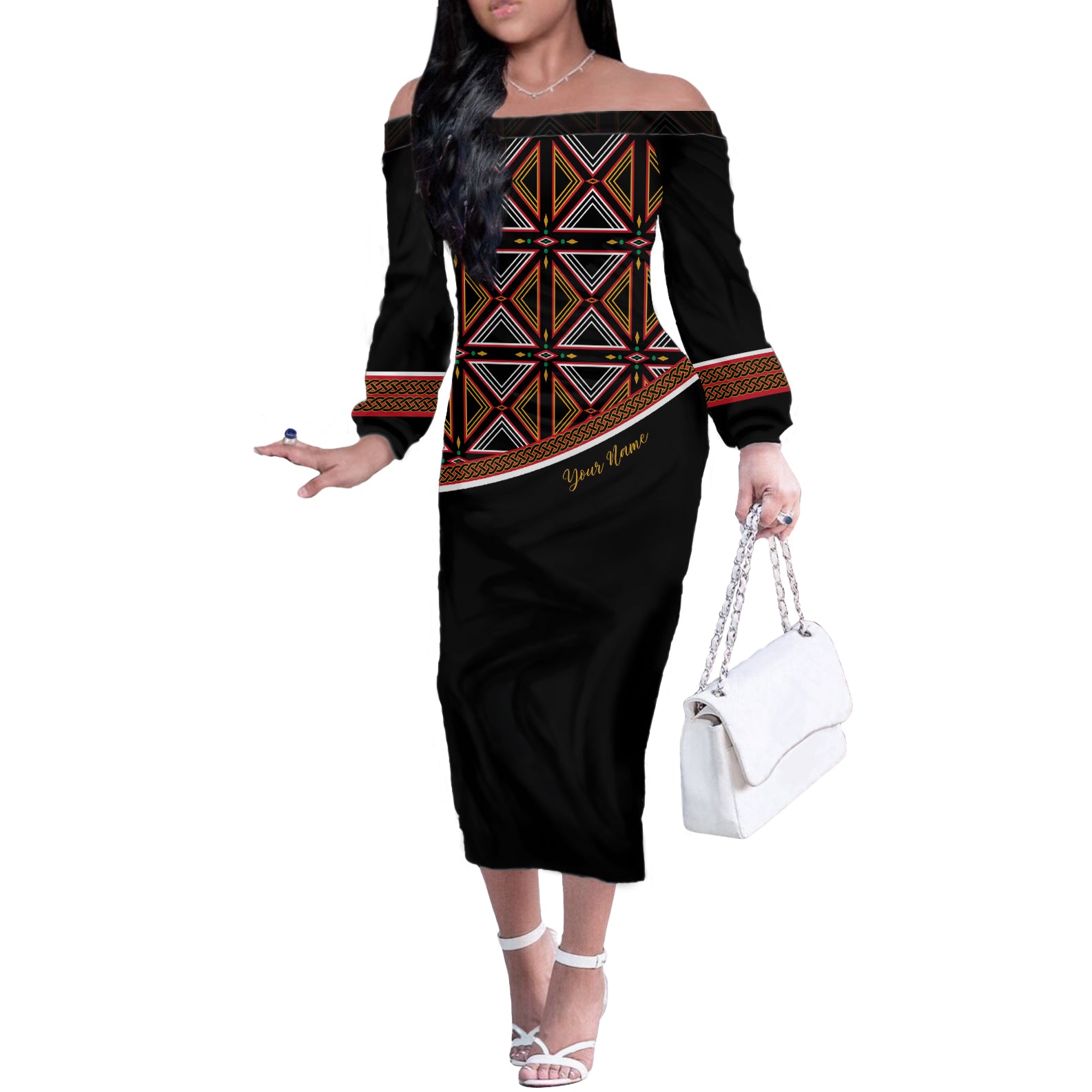 Personalized Bamenda African Off The Shoulder Long Sleeve Dress Atoghu Cameroon Print