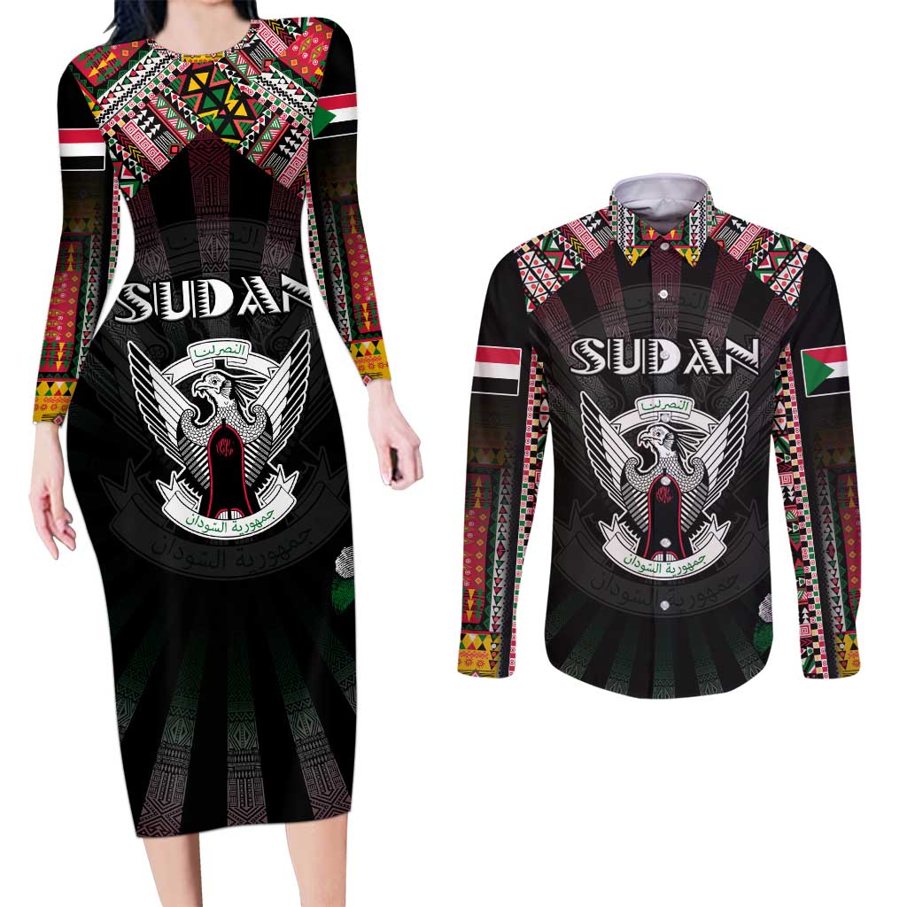 Personalized Sudan Roots Couples Matching Long Sleeve Bodycon Dress and Long Sleeve Button Shirt African Map in Fingerprint and Tribal Colors