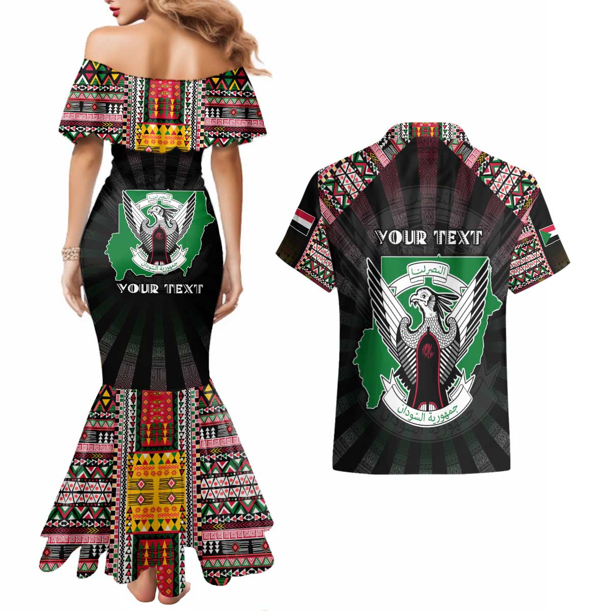Personalized Sudan Roots Couples Matching Mermaid Dress and Hawaiian Shirt African Map in Fingerprint and Tribal Colors
