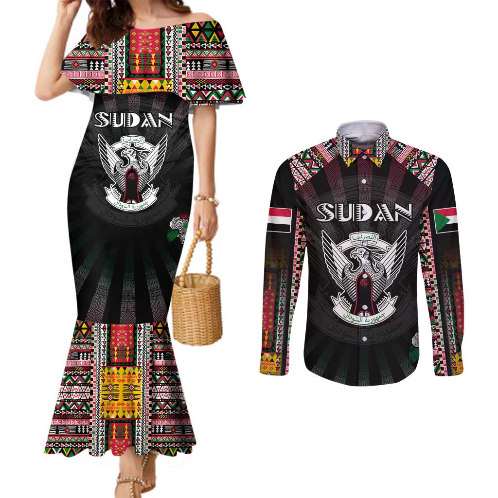 Personalized Sudan Roots Couples Matching Mermaid Dress and Long Sleeve Button Shirt African Map in Fingerprint and Tribal Colors