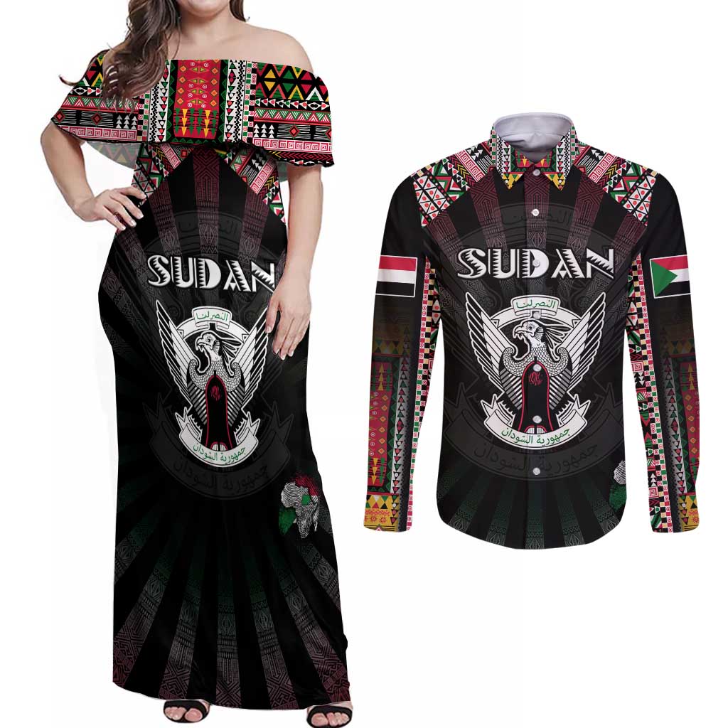 Personalized Sudan Roots Couples Matching Off Shoulder Maxi Dress and Long Sleeve Button Shirt African Map in Fingerprint and Tribal Colors