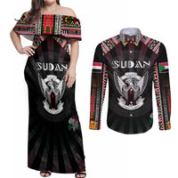 Personalized Sudan Roots Couples Matching Off Shoulder Maxi Dress and Long Sleeve Button Shirt African Map in Fingerprint and Tribal Colors