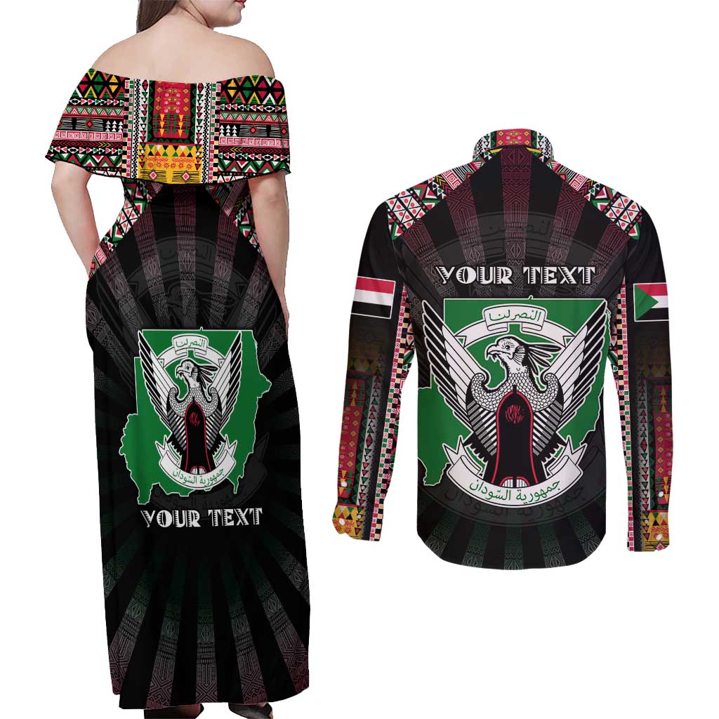 Personalized Sudan Roots Couples Matching Off Shoulder Maxi Dress and Long Sleeve Button Shirt African Map in Fingerprint and Tribal Colors
