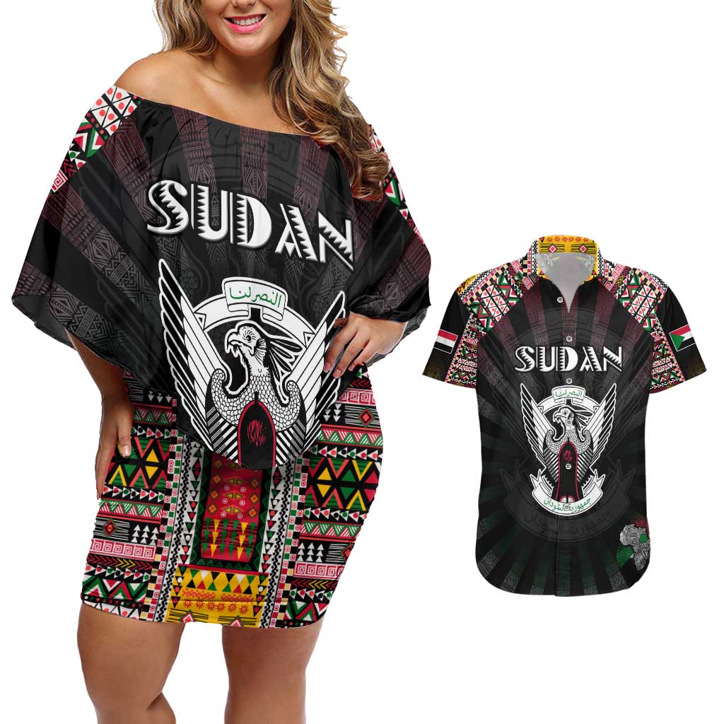 Personalized Sudan Roots Couples Matching Off Shoulder Short Dress and Hawaiian Shirt African Map in Fingerprint and Tribal Colors