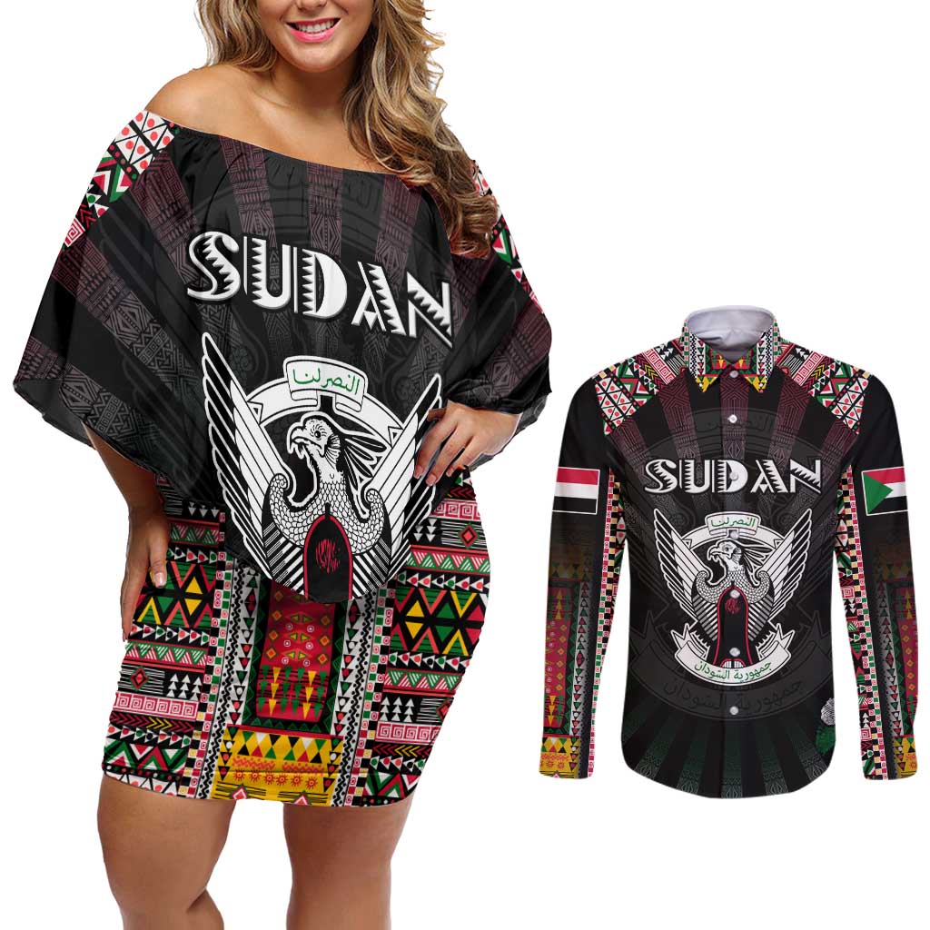Personalized Sudan Roots Couples Matching Off Shoulder Short Dress and Long Sleeve Button Shirt African Map in Fingerprint and Tribal Colors