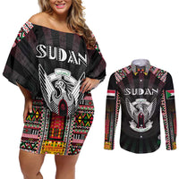 Personalized Sudan Roots Couples Matching Off Shoulder Short Dress and Long Sleeve Button Shirt African Map in Fingerprint and Tribal Colors