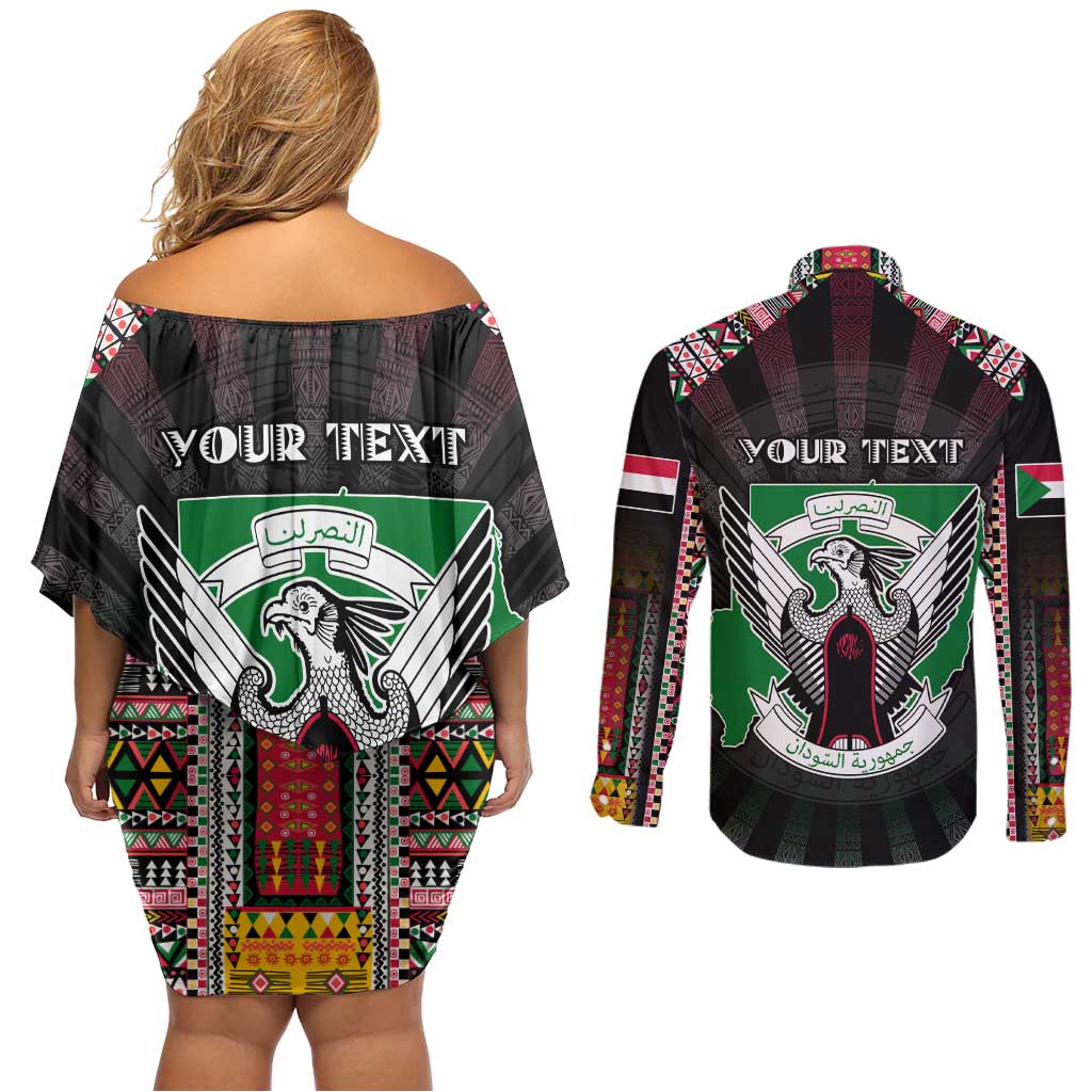 Personalized Sudan Roots Couples Matching Off Shoulder Short Dress and Long Sleeve Button Shirt African Map in Fingerprint and Tribal Colors
