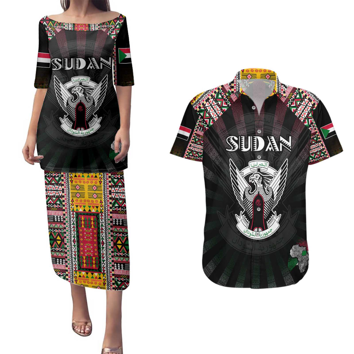 Personalized Sudan Roots Couples Matching Puletasi and Hawaiian Shirt African Map in Fingerprint and Tribal Colors