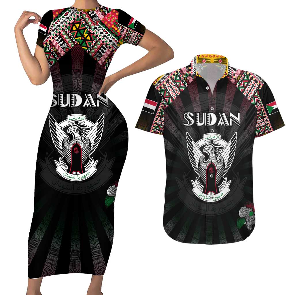 Personalized Sudan Roots Couples Matching Short Sleeve Bodycon Dress and Hawaiian Shirt African Map in Fingerprint and Tribal Colors