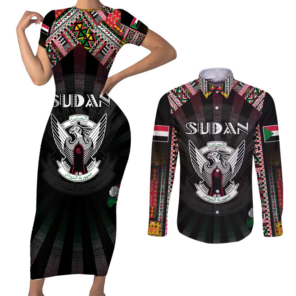 Personalized Sudan Roots Couples Matching Short Sleeve Bodycon Dress and Long Sleeve Button Shirt African Map in Fingerprint and Tribal Colors