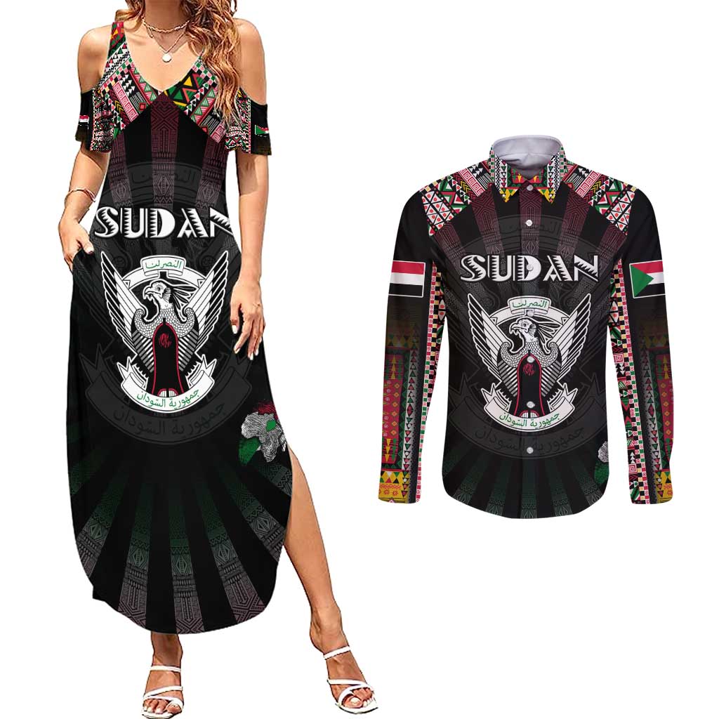 Personalized Sudan Roots Couples Matching Summer Maxi Dress and Long Sleeve Button Shirt African Map in Fingerprint and Tribal Colors