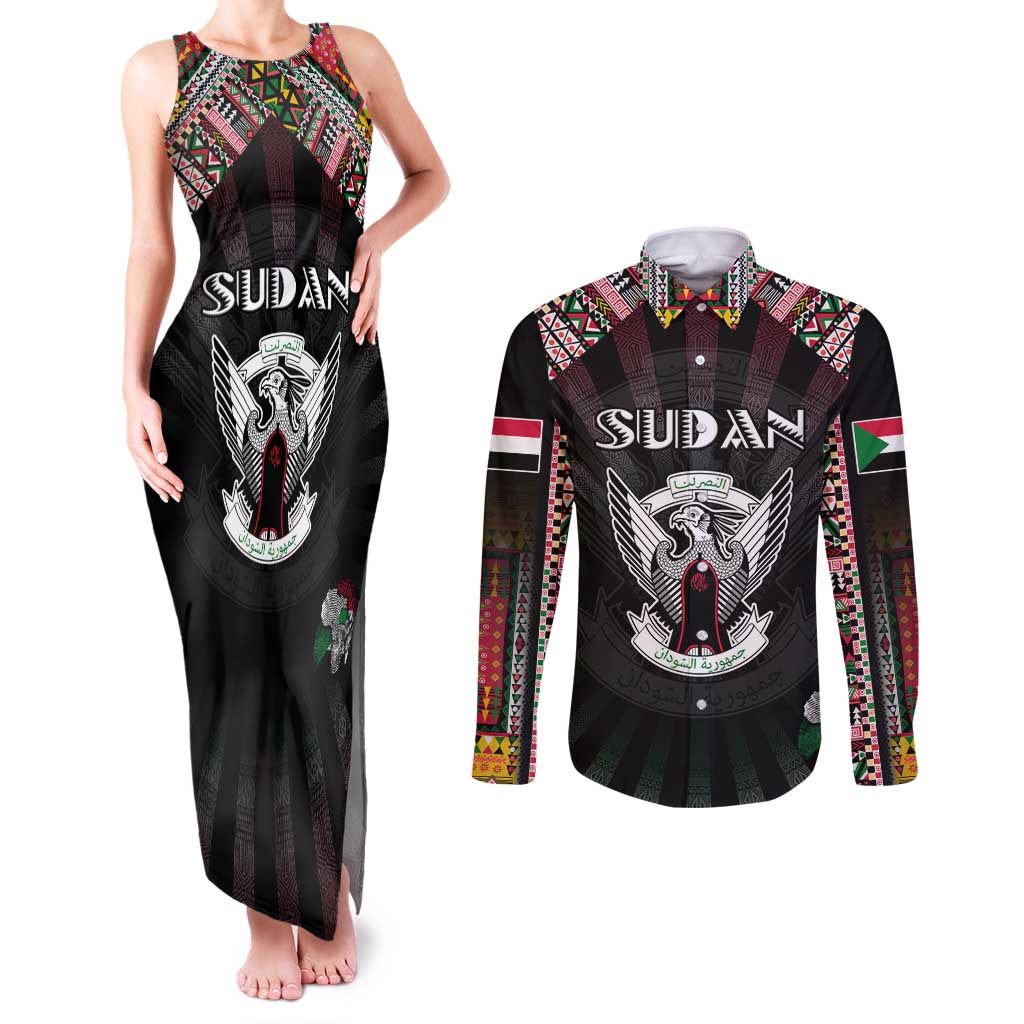 Personalized Sudan Roots Couples Matching Tank Maxi Dress and Long Sleeve Button Shirt African Map in Fingerprint and Tribal Colors