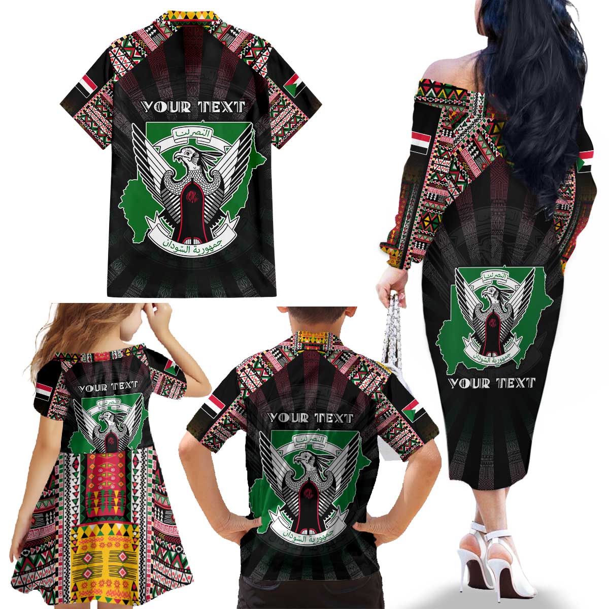 Personalized Sudan Roots Family Matching Off The Shoulder Long Sleeve Dress and Hawaiian Shirt African Map in Fingerprint and Tribal Colors