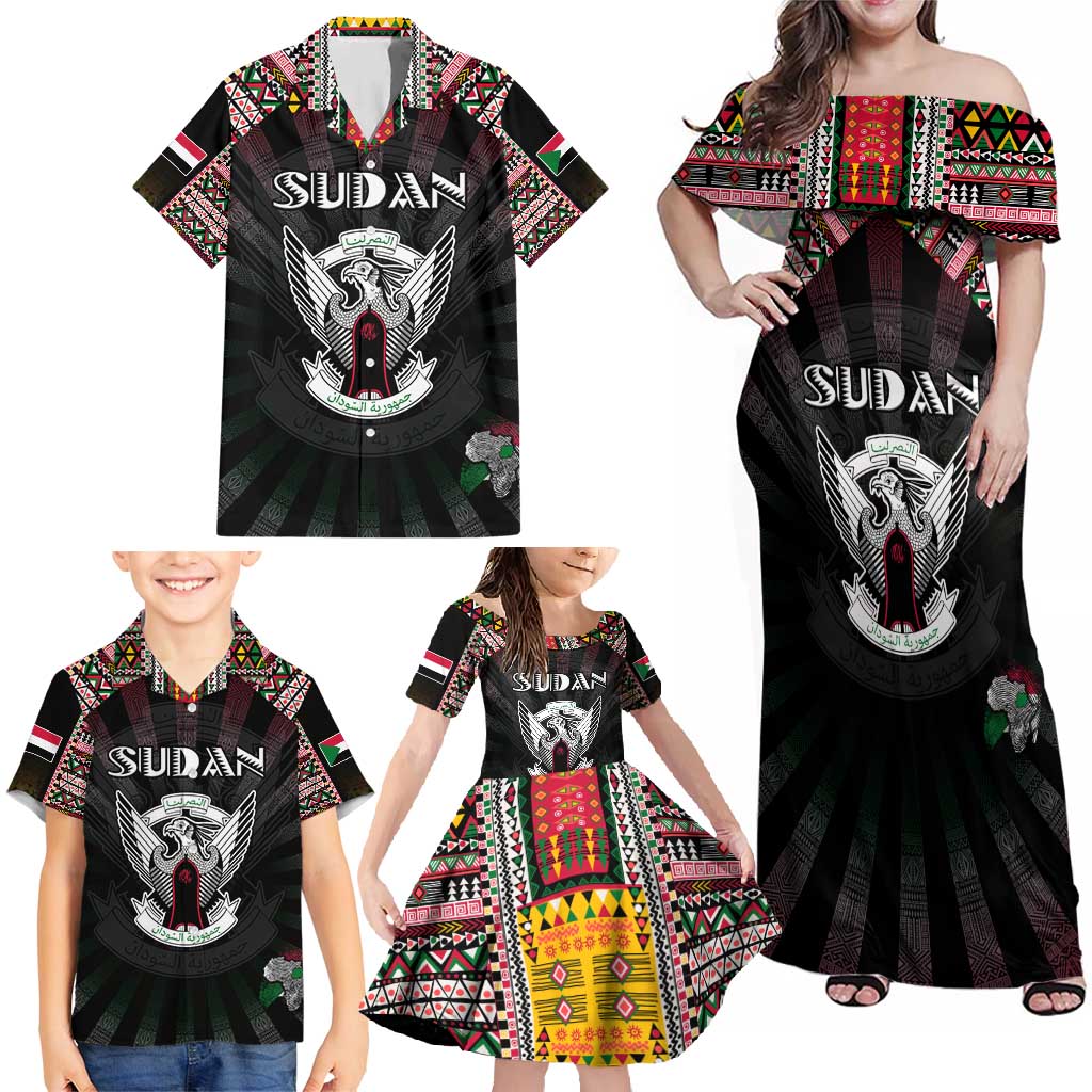 Personalized Sudan Roots Family Matching Off Shoulder Maxi Dress and Hawaiian Shirt African Map in Fingerprint and Tribal Colors