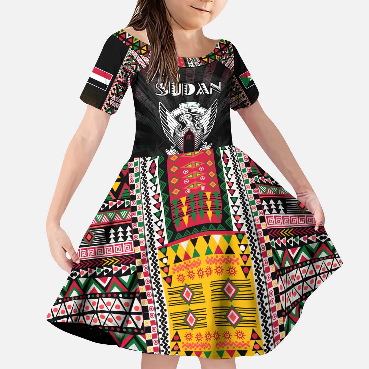 Personalized Sudan Roots Kid Short Sleeve Dress African Map in Fingerprint and Tribal Colors