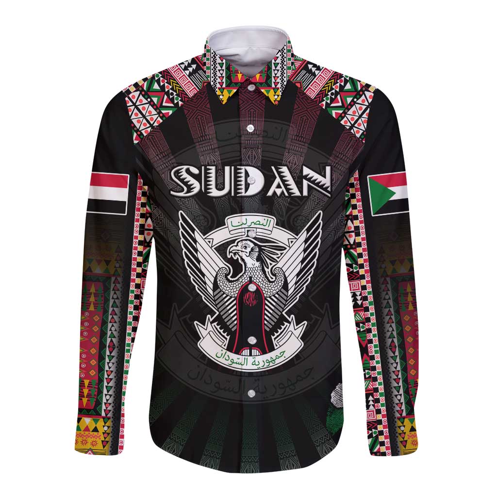 Personalized Sudan Roots Long Sleeve Button Shirt African Map in Fingerprint and Tribal Colors