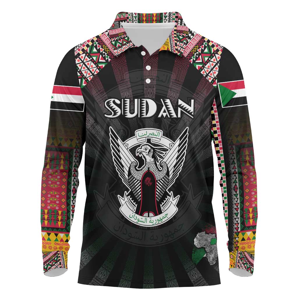 Personalized Sudan Roots Long Sleeve Polo Shirt African Map in Fingerprint and Tribal Colors