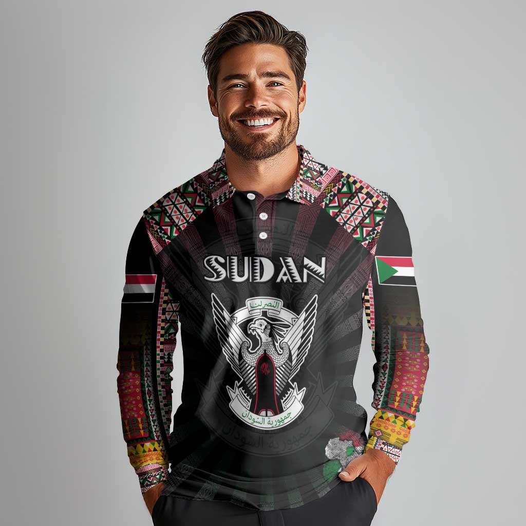 Personalized Sudan Roots Long Sleeve Polo Shirt African Map in Fingerprint and Tribal Colors