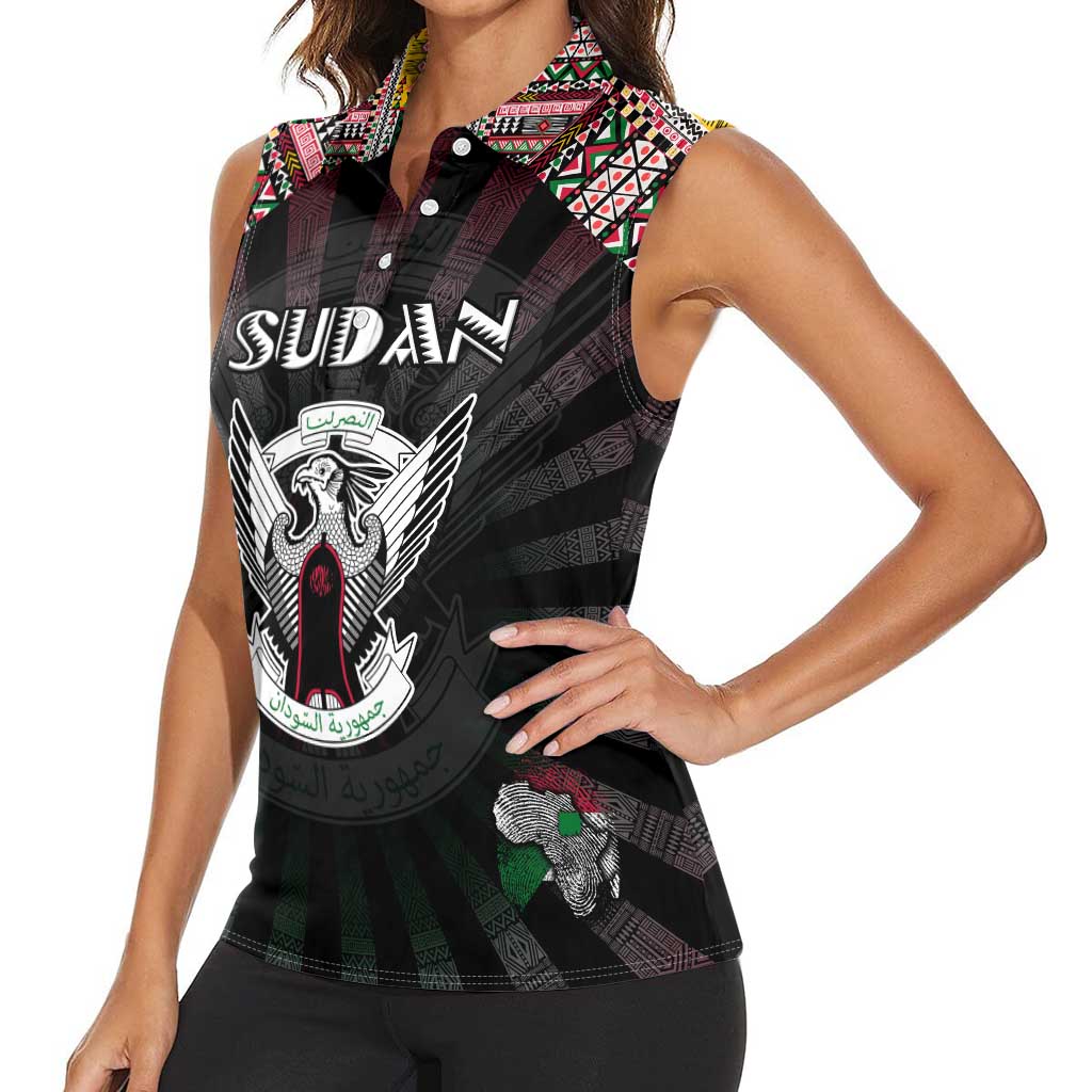 Personalized Sudan Roots Women Sleeveless Polo Shirt African Map in Fingerprint and Tribal Colors