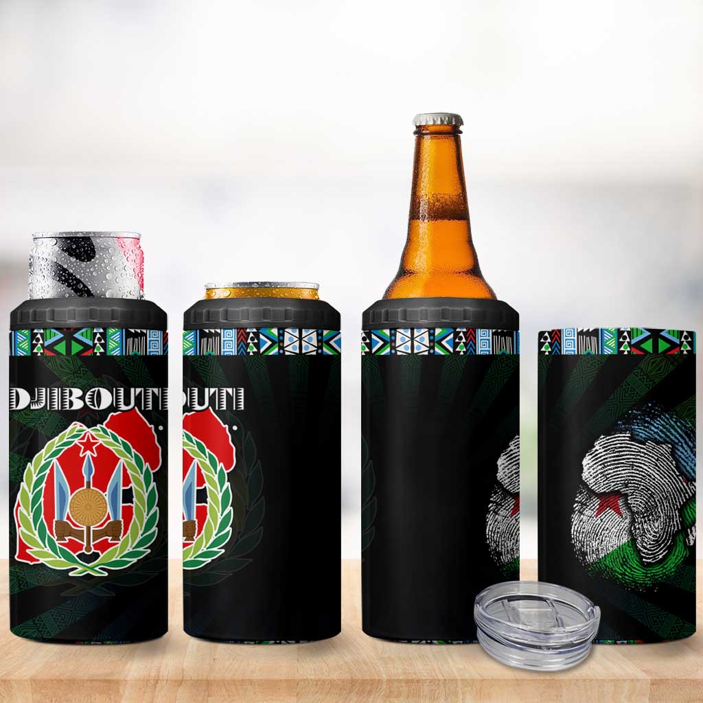 Djibouti Roots 4 in 1 Can Cooler Tumbler African Map in Fingerprint and Tribal Colors