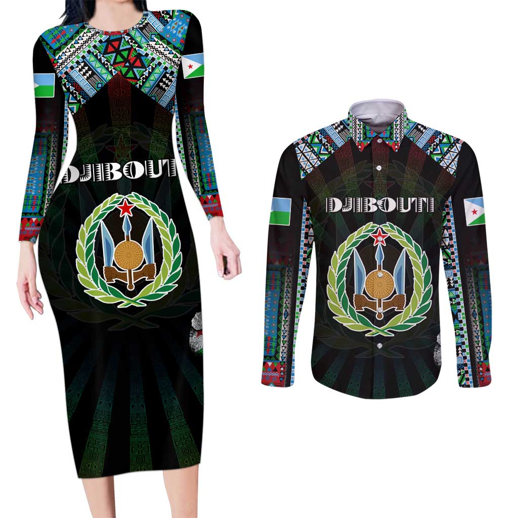 Personalized Djibouti Roots Couples Matching Long Sleeve Bodycon Dress and Long Sleeve Button Shirt African Map in Fingerprint and Tribal Colors